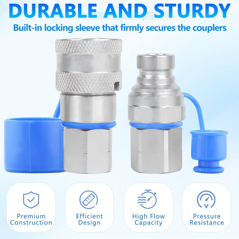 Cplbrb 1/4’’ NPT Flat Face Hydraulic Quick Connect Couplers/Couplings with Dust Caps, The Universal Bobcat Flat Face Quick Connect Fittings with with 1/4" Body ISO 16028 Standard-2Set - Image 2